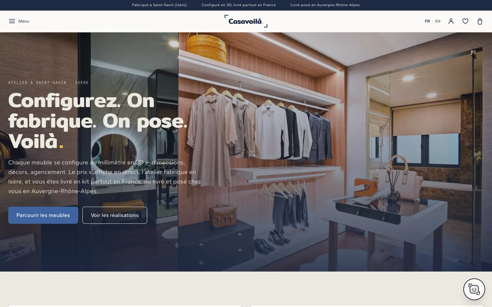Page d'accueil de la boutique en ligne Casavoilà, mobilier sur mesure configuré en 3D