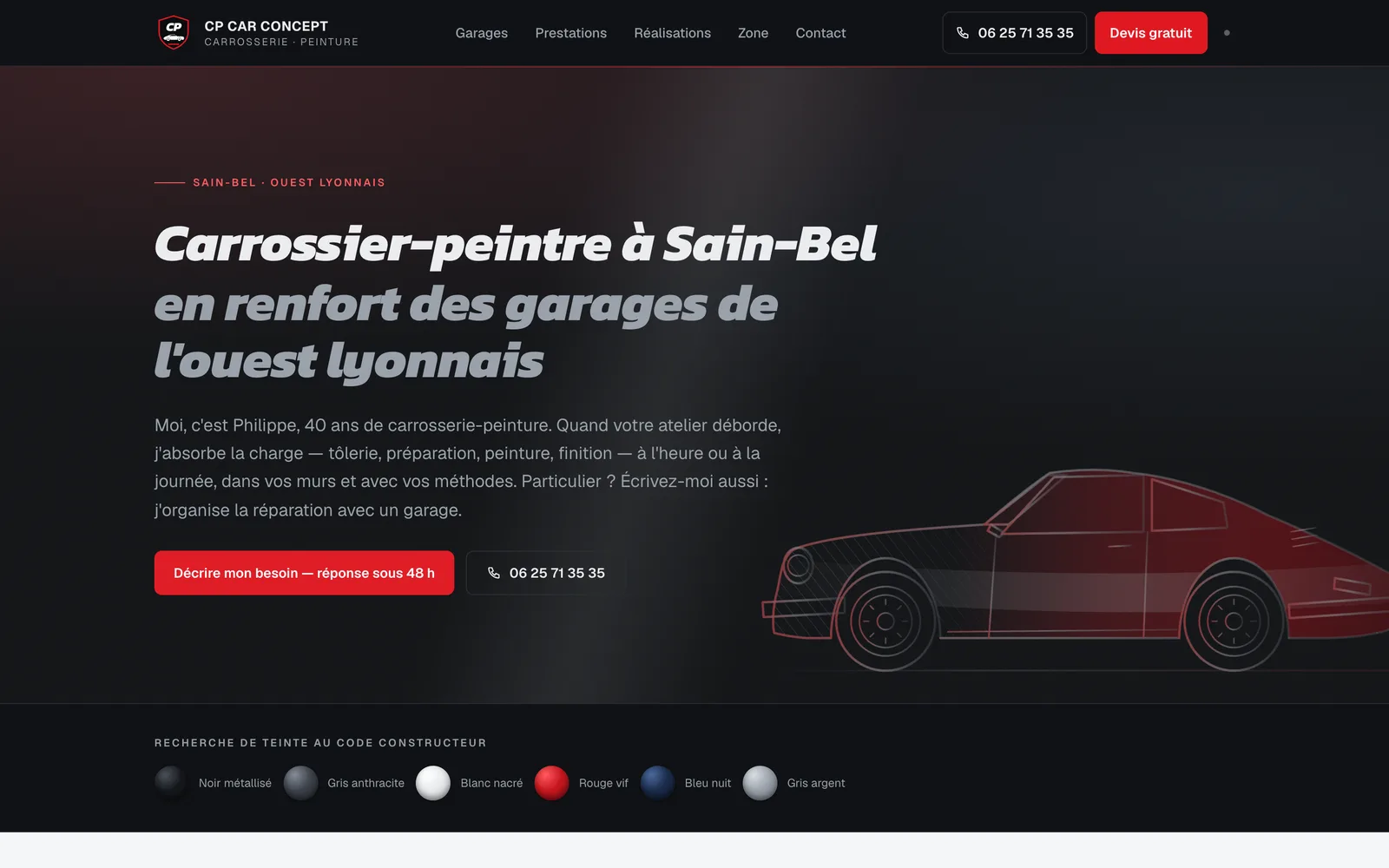 Page d'accueil du site de CP Car Concept, carrossier-peintre à Sain-Bel dans l'ouest lyonnais